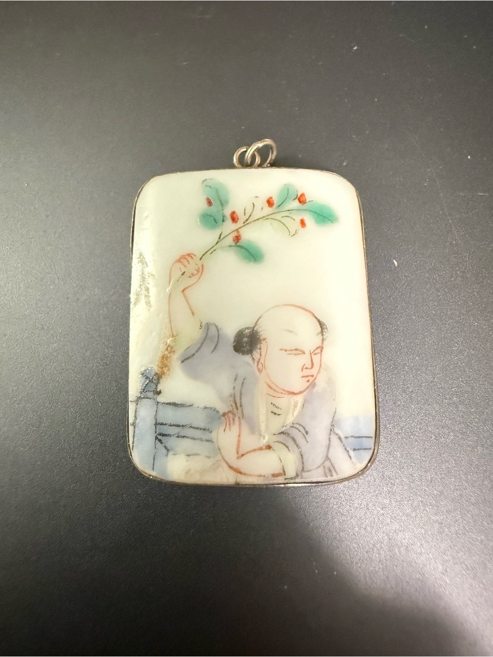Sterling Silver 925 Hand painted Chinese Porcelain Tile Necklace Pendant